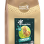 Gold-colored cat food bag with a label featuring a cat and text on a white background