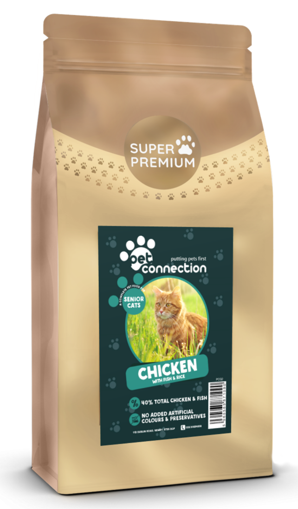 Gold-colored cat food bag with a label featuring a cat and text on a white background