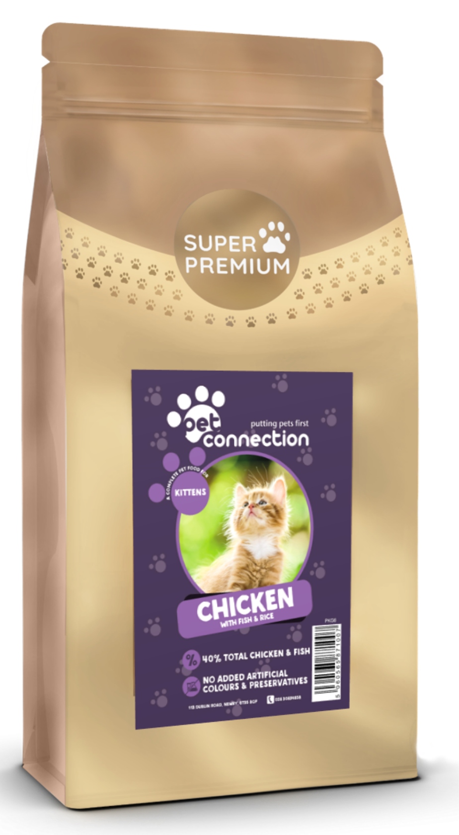 Gold bag of pet food with a label featuring a cat and text about chicken content.