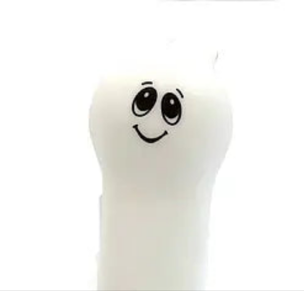 White ghost dog toy with a smiley face design on a white background