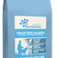 Dog food package with blue and white design on a white background