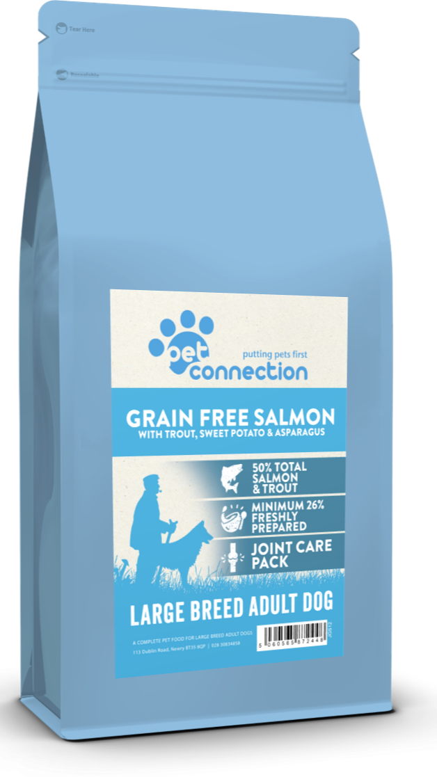 Dog food package with blue and white design on a white background