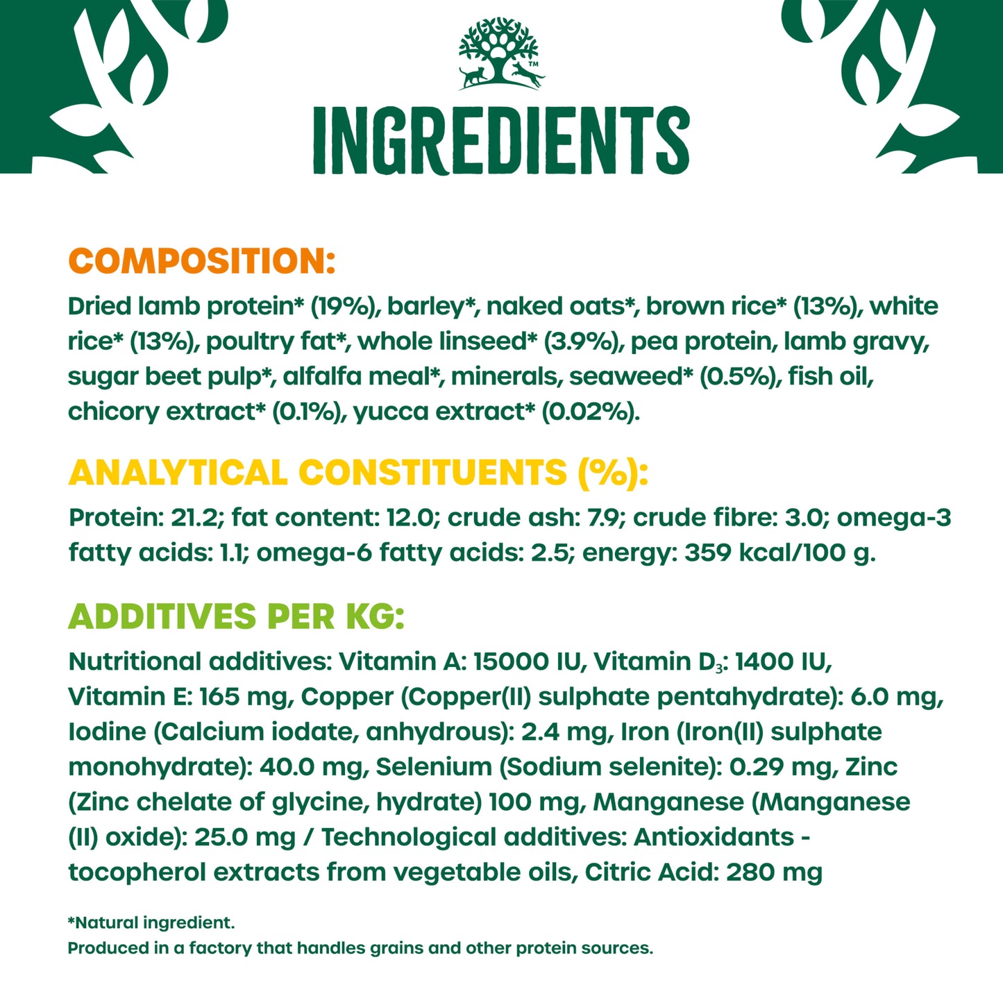 Ingredients and nutritional information label for a product with green and white design.