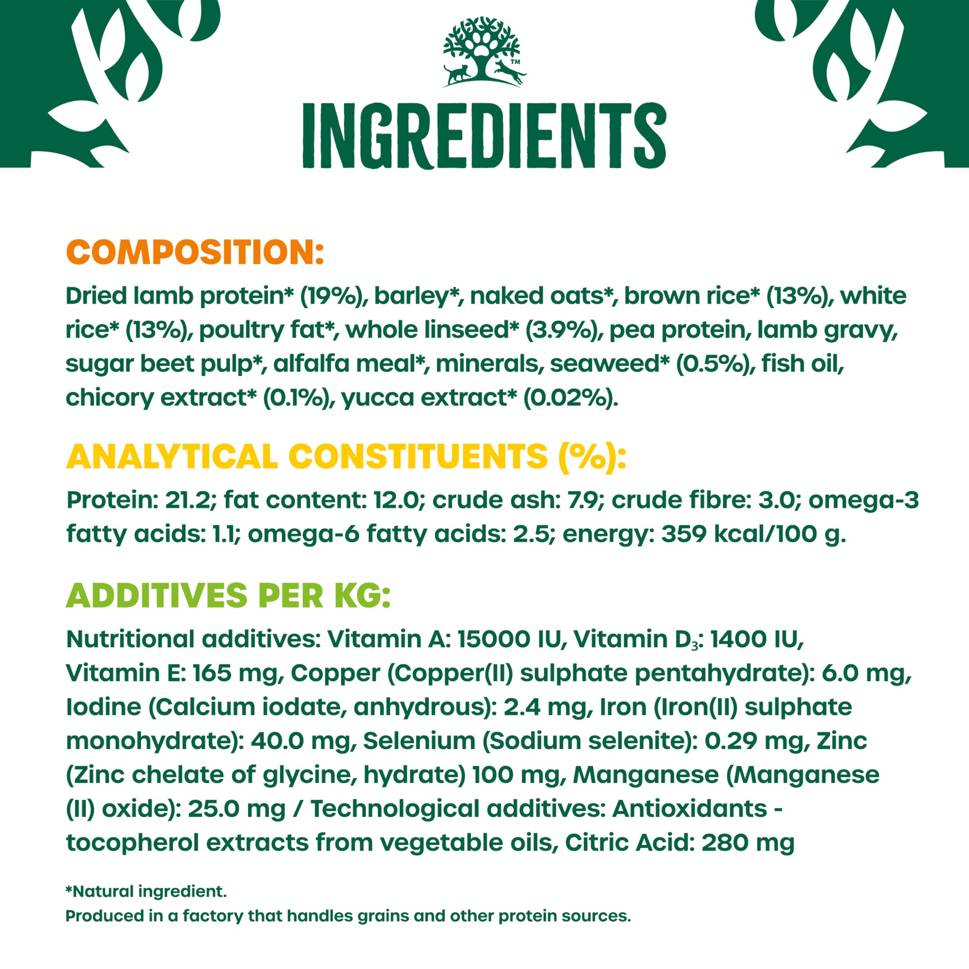 Ingredients and nutritional information label for a product with green and white design.