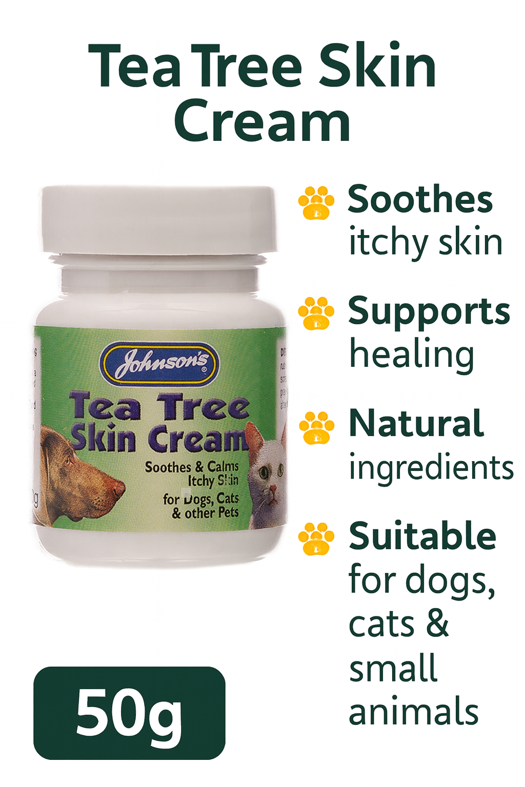 Johnson's Tea Tree Skin Cream for pets with product details on a white background