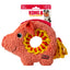 Orange plush dog toy with a yellow and red rope ring, featuring KONG branding.