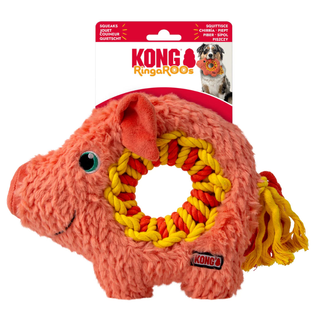 Orange plush dog toy with a yellow and red rope ring, featuring KONG branding.