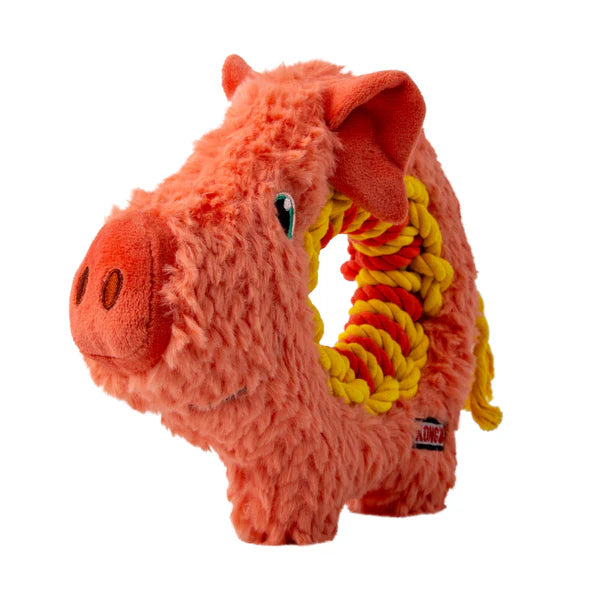 Plush dog toy with a rope, resembling a horse, on a white background