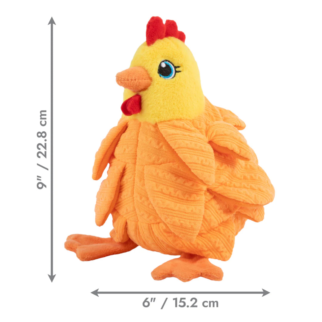 Plush chicken dog toy with measurements on a white background