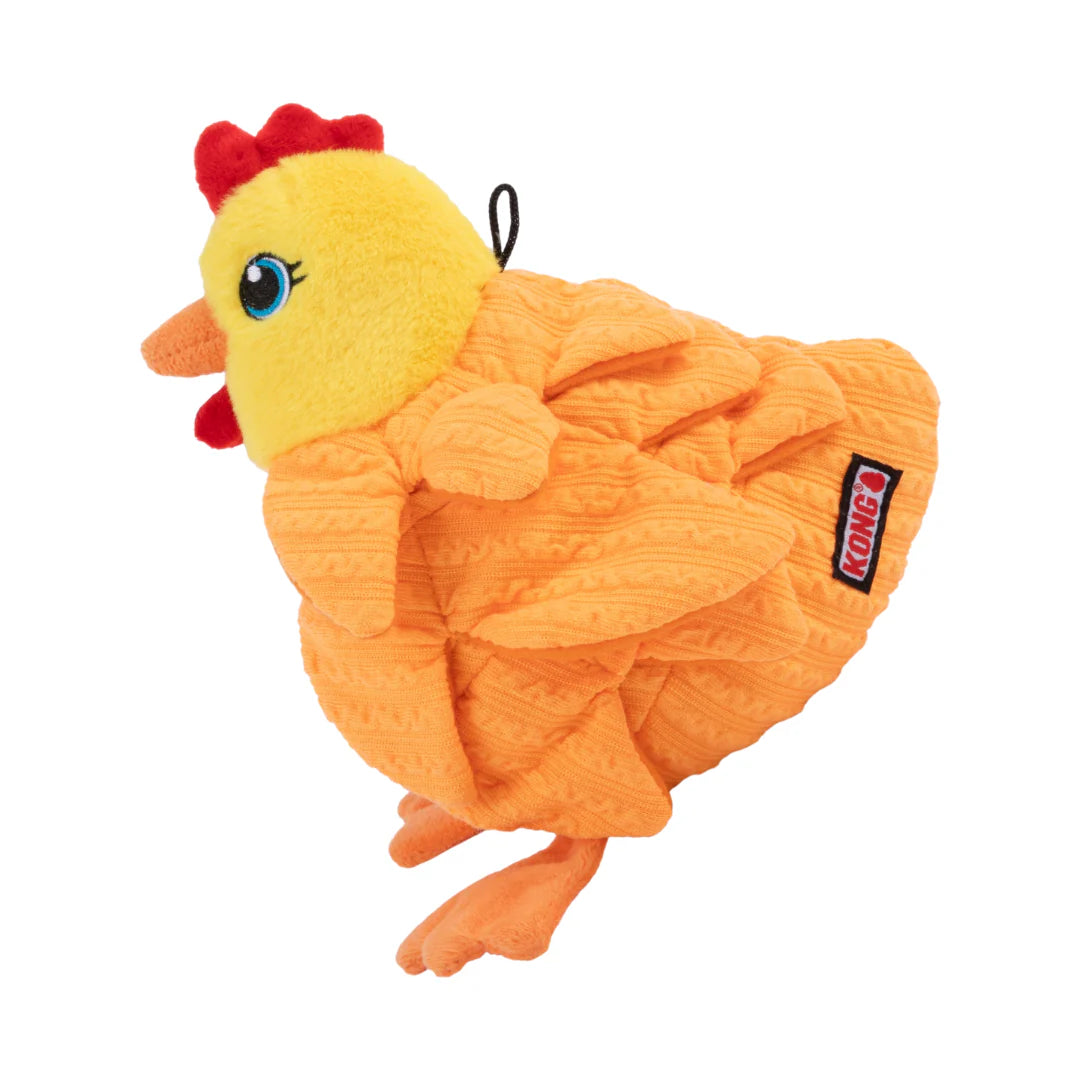 Plush chicken dog toy with a KONG label on a white background