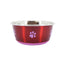 A red stainless steel dog or cat bowl with a powder coated paw design on the side and a rubber base ring.
