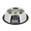 Stainless steel dog bowl with black rubber base on a white background