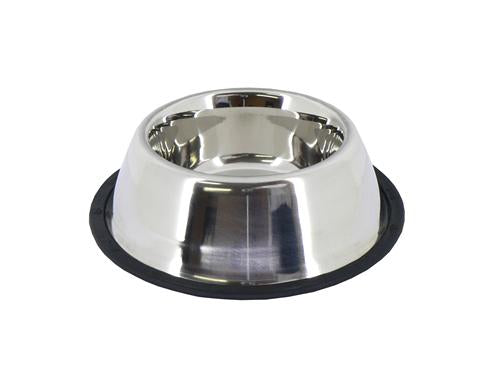 Stainless steel dog bowl with black rubber base on a white background
