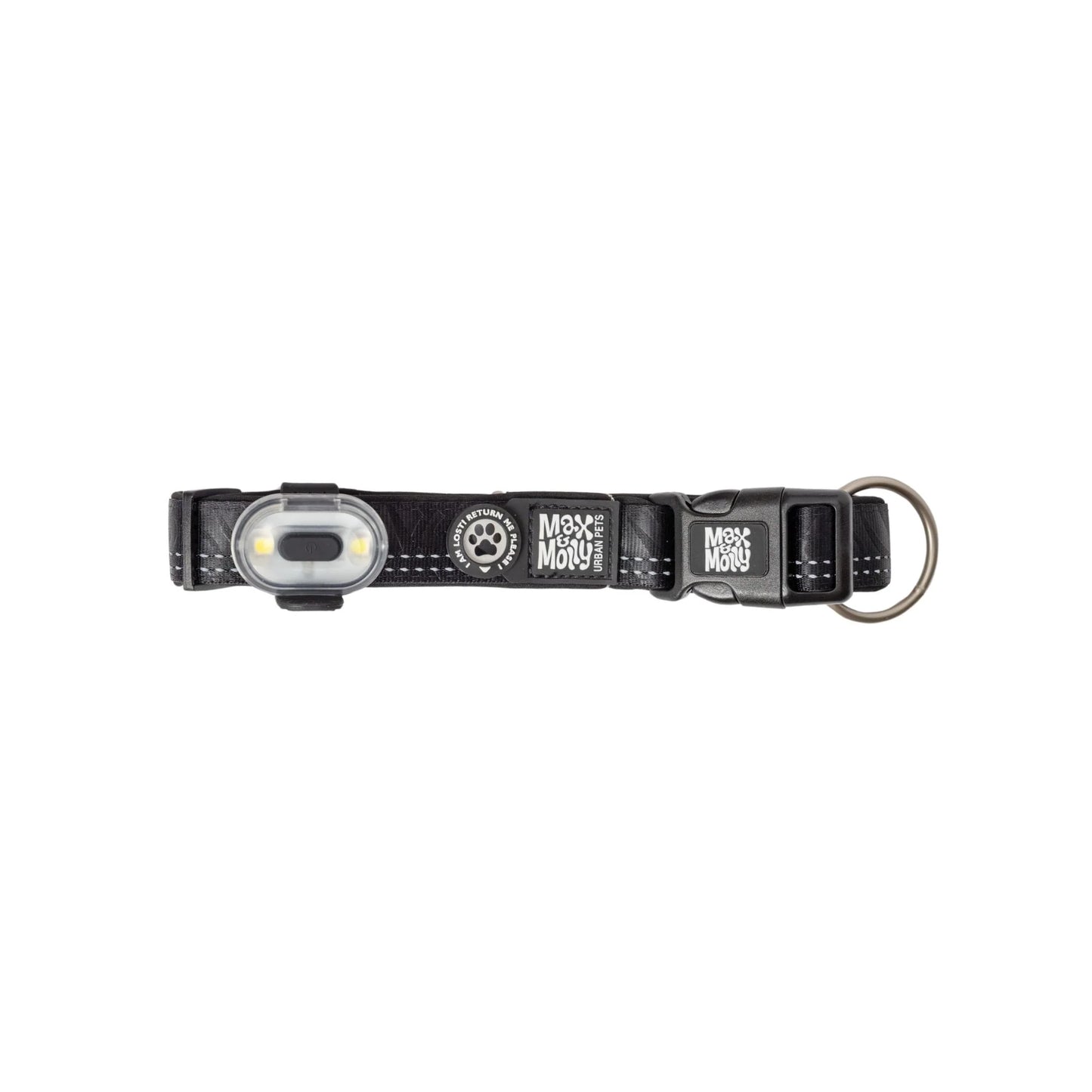 Black dog collar with a light on a white background
