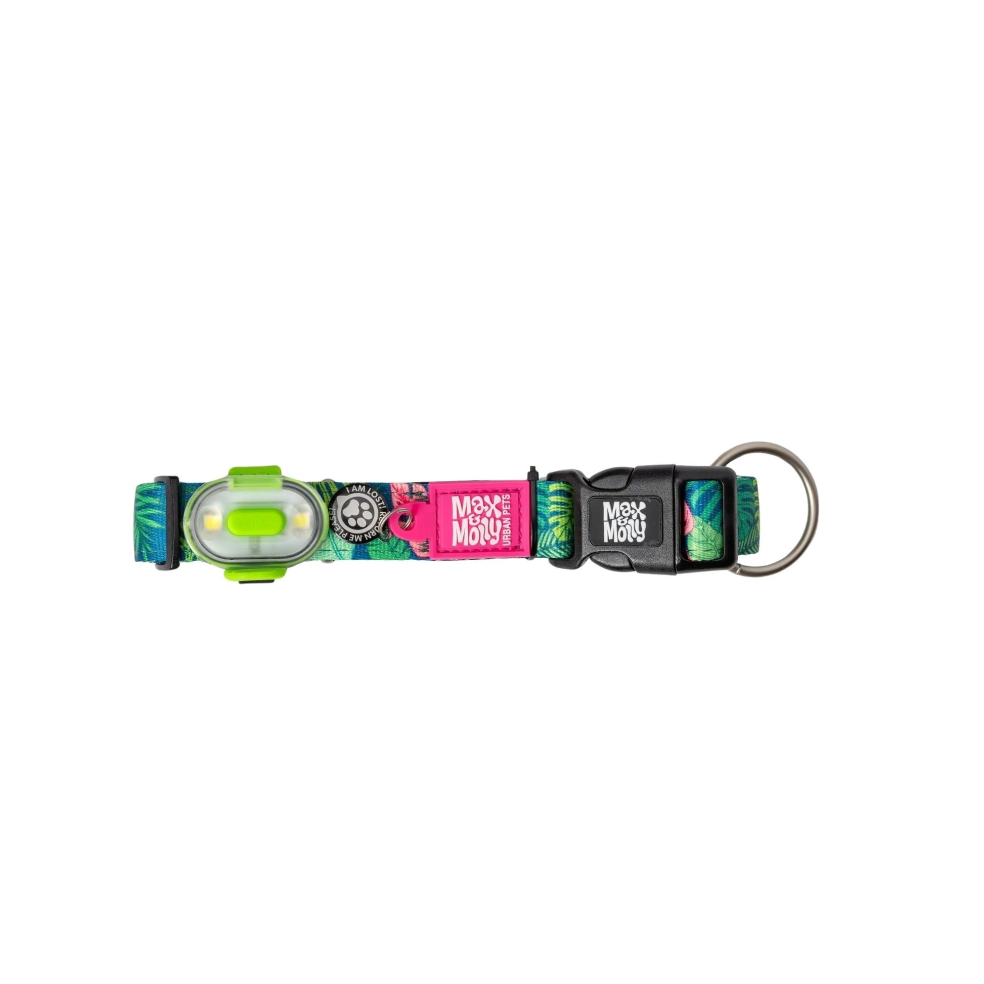 Colorful dog collar with a brand logo on a white background