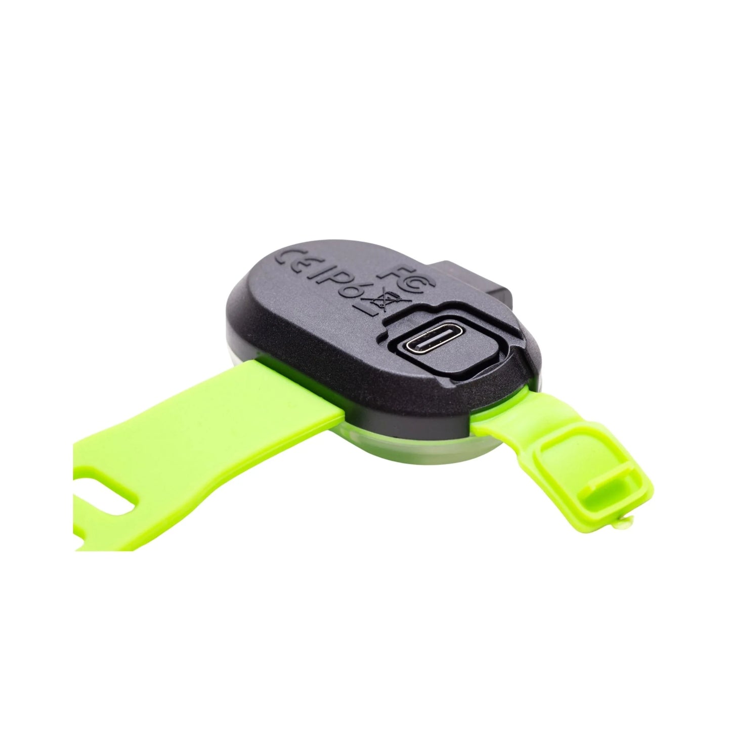 Black and green device with a strap on a white background