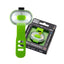 Green pet safety light with packaging on a white background