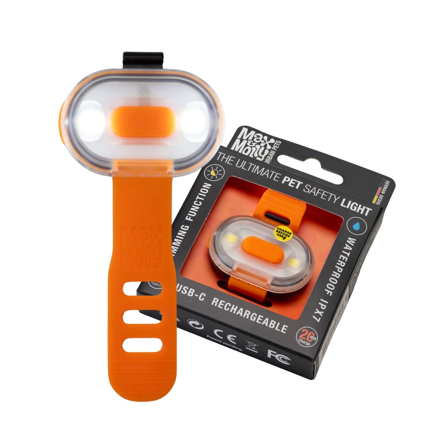 Orange pet safety light with packaging on a white background
