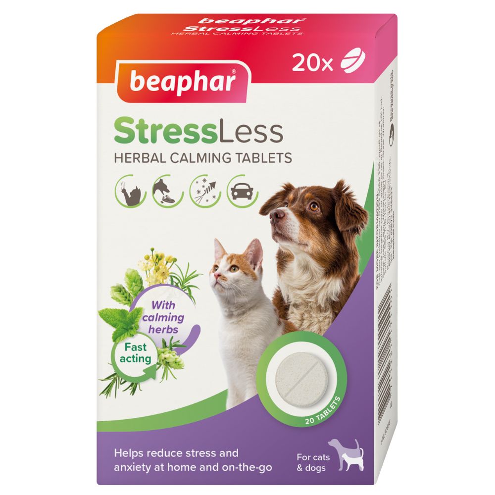 Beaphar StressLess Herbal Calming Tablets for cats and dogs, 20x pack, featuring a white box with orange, pink, green, and purple accents, showing a cat and a dog illustration.