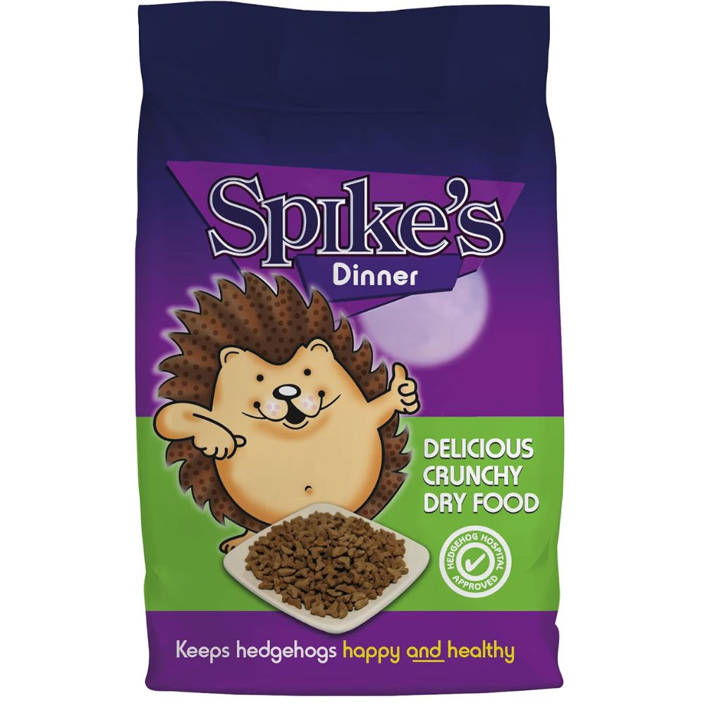 Spilkes Hedgehog food purple and green bag. Shows a plate with the food on it and a cartoon hedghog