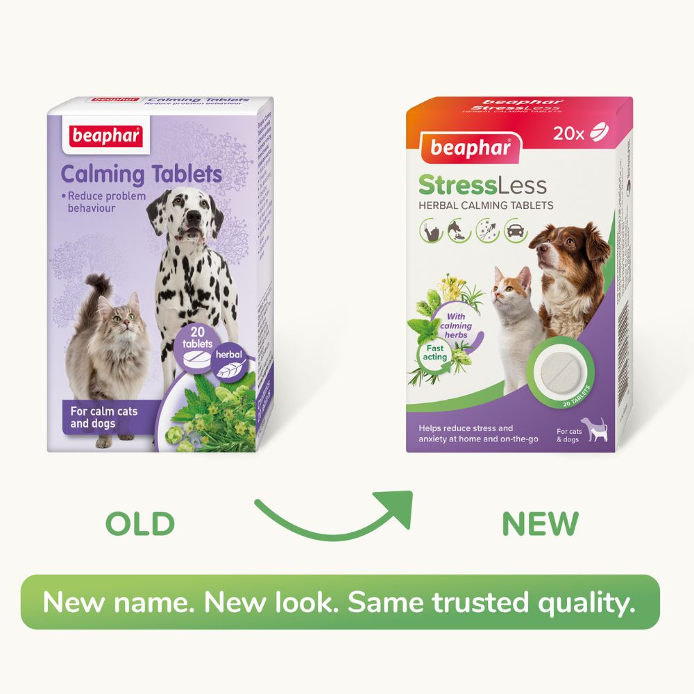 Two Beaphar pet supplement boxes shown side by side on a light gray background, with text below comparing the old and new packaging. The left box reads 'Calming Tablets' and is lavender/purple; the right box reads 'StressLess' and is orange/pink/purple.