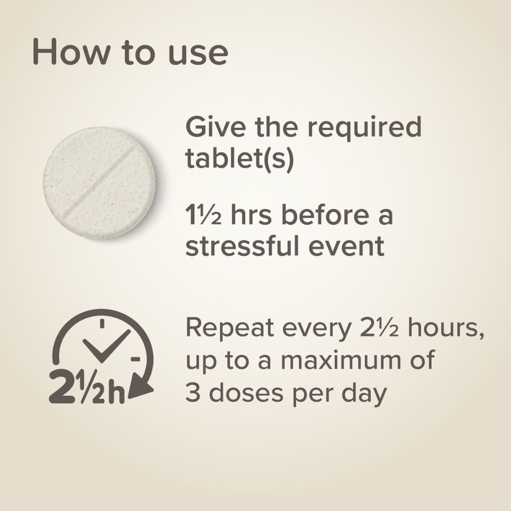 Instruction graphic showing how to use a tablet, with a round white pill illustration and text reading 'Give the required tablet(s)', '1½ hrs before a stressful event', and 'Repeat every 2½ hours, up to a maximum of 3 doses per day' on a light beige background.