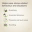 List of ways a product helps ease stress-related behavior and situations on a beige background.