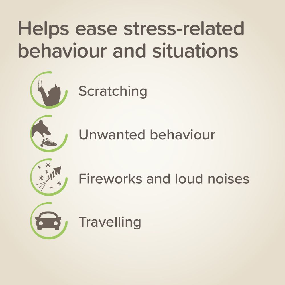 List of ways a product helps ease stress-related behavior and situations on a beige background.