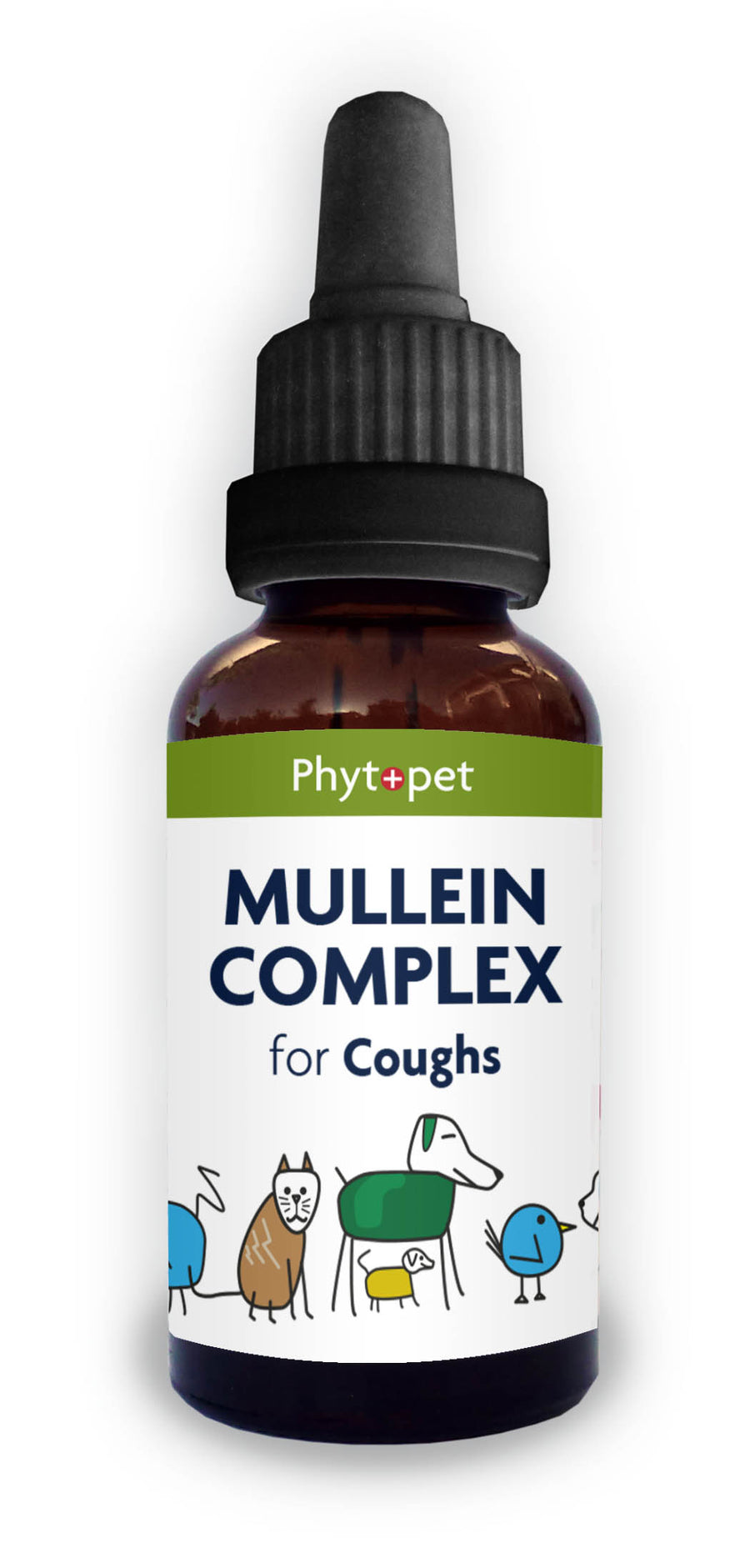 A bottle of PhytoPet Mullein Complex for Coughs with illustrations of a dog and a cat on the label.