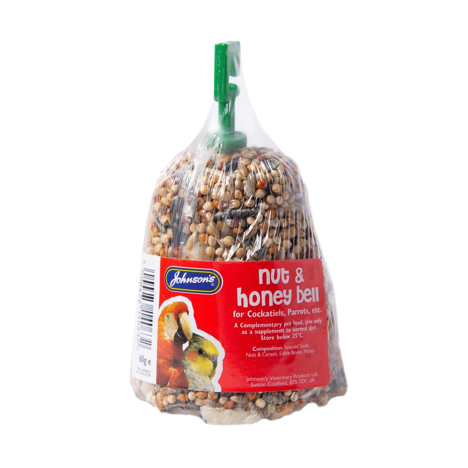 Bag of Johnson's Nut & Honey Bell bird food with a white background