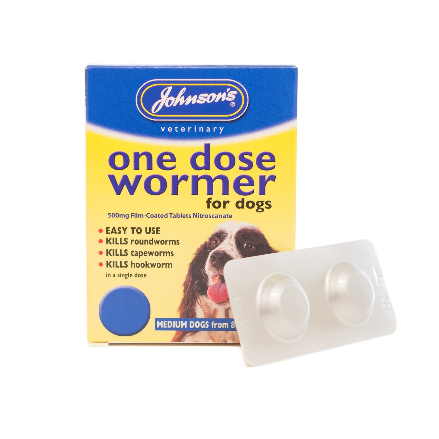 Johnson's Veterinary one dose wormer for dogs packaging with two tablets on a white background