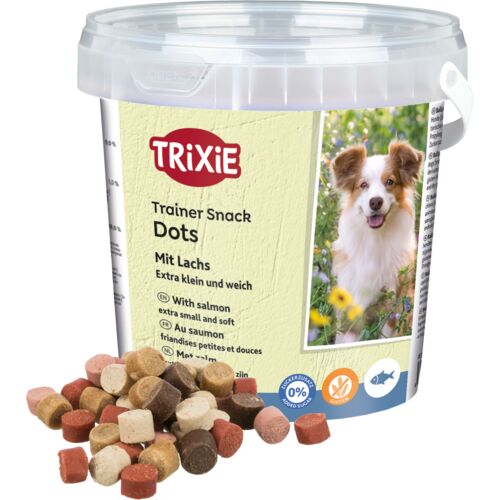 Trixie Trainer Snack Dots container with dog treats and label on a white background