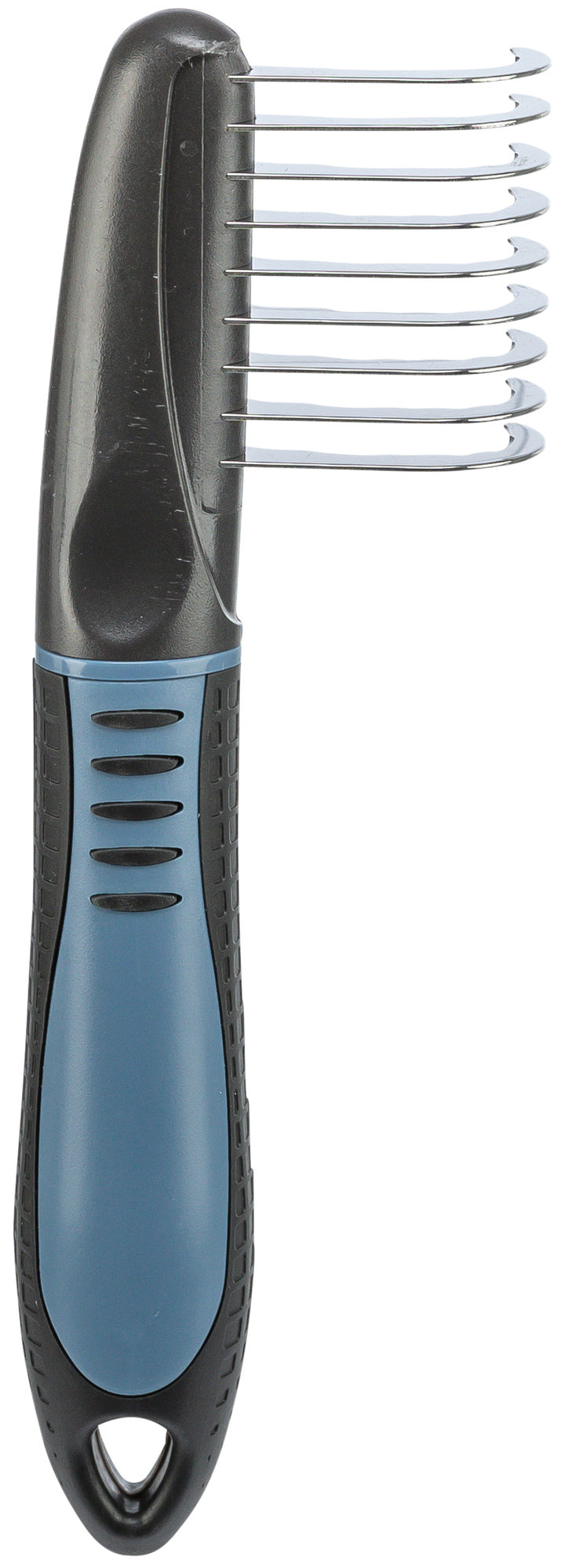 Pet grooming comb with blue handle and metal teeth on a white background