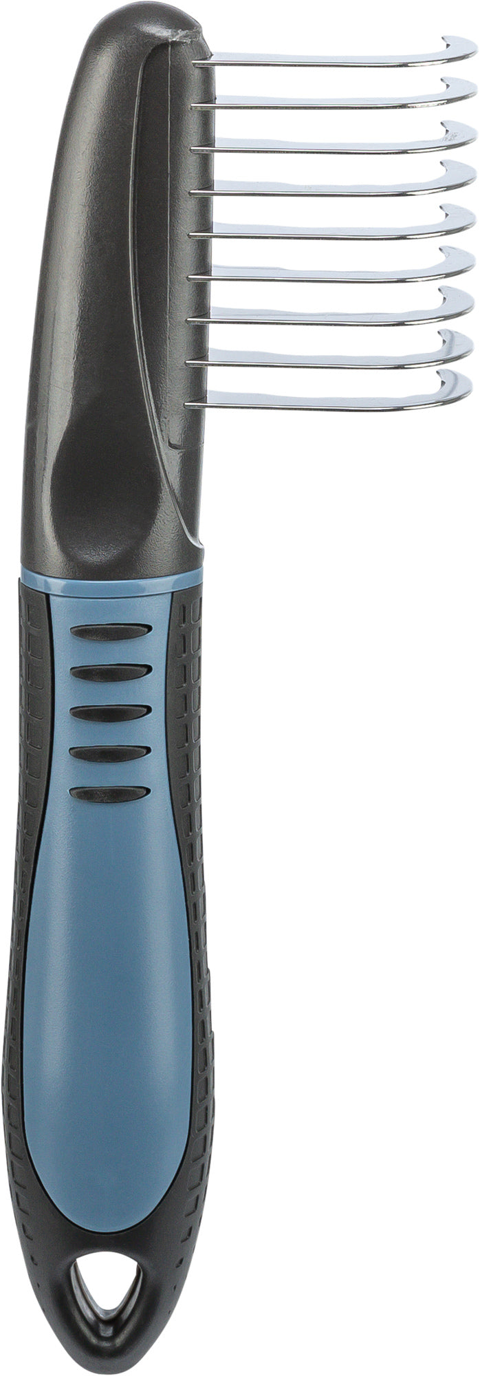 Pet grooming dog comb with black and blue handle on a white background