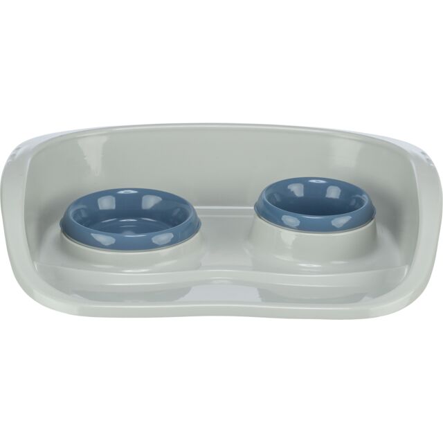 Trixie Plastic Dinner Tray - NonSlip Feeding Station with Splash Guard & 2 Removable Bowls (Small Dogs & Cats)
