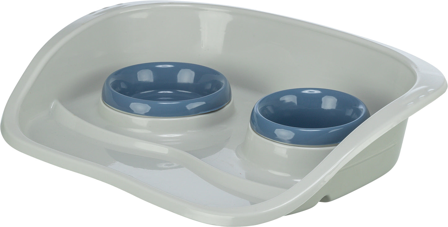 Trixie Plastic Dinner Tray - NonSlip Feeding Station with Splash Guard & 2 Removable Bowls (Small Dogs & Cats)
