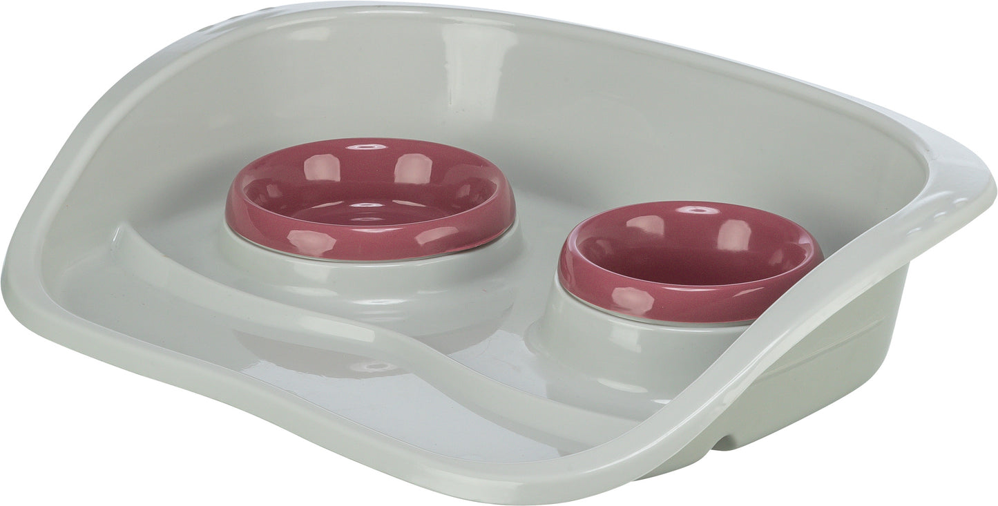 Trixie Plastic Dinner Tray - NonSlip Feeding Station with Splash Guard & 2 Removable Bowls (Small Dogs & Cats)