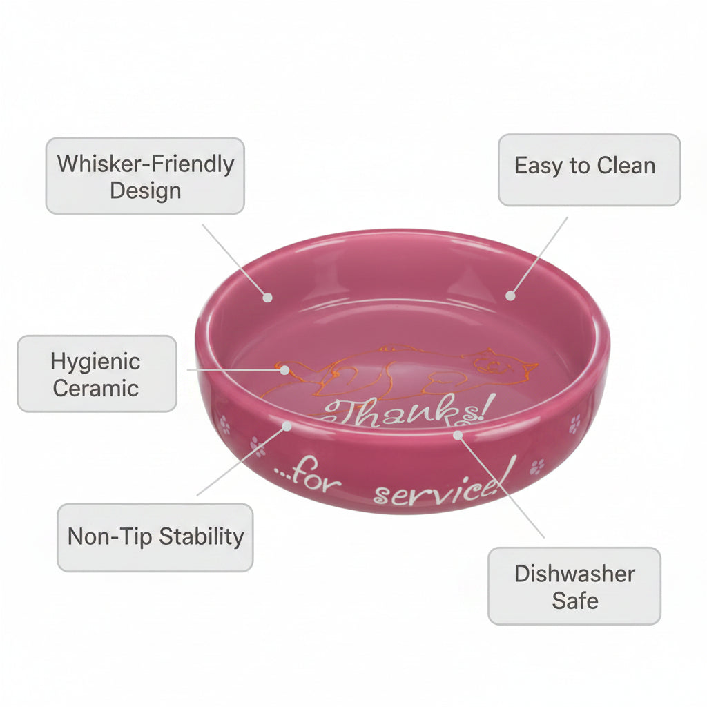 Pink pet bowl with 'Thanks for service!' text and paw prints on a white background