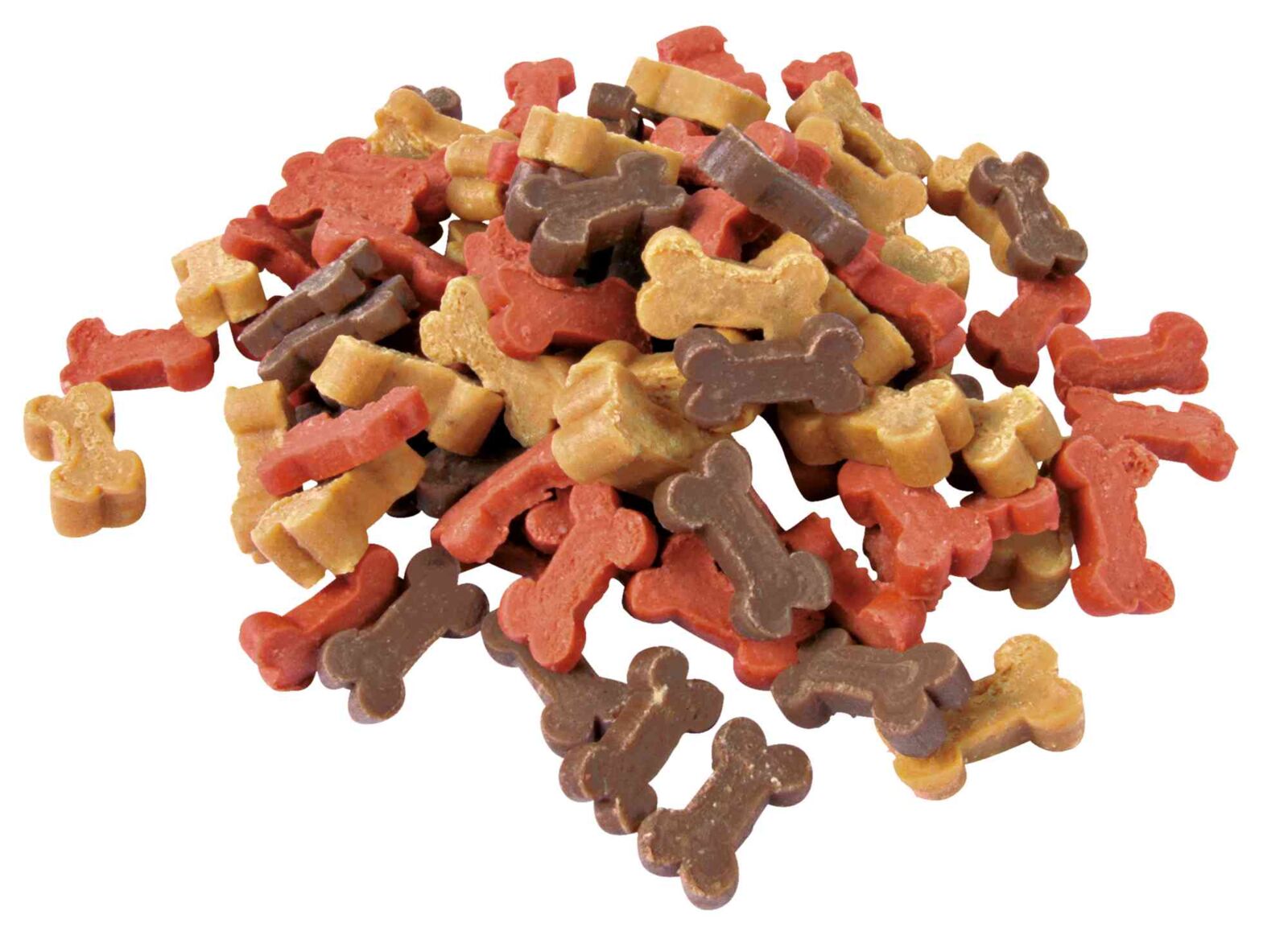 Collection of brown, orange and mustard coloured dog treats in the shape of bones