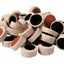 Collection of round, dog treats  with red and black centers on a white background