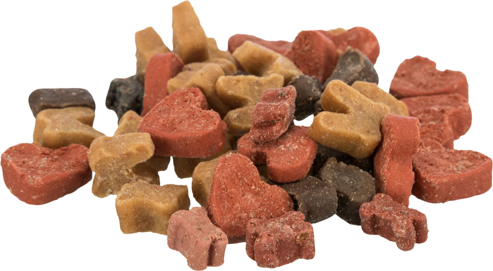 Selection of heart and bone shaped dog treats. 