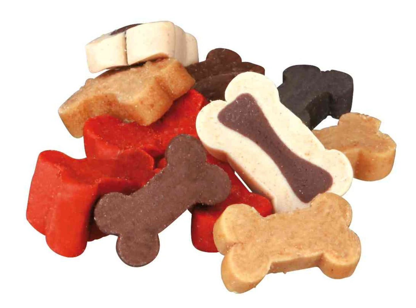 Assorted dog treats in bone and heart shapes on a white background