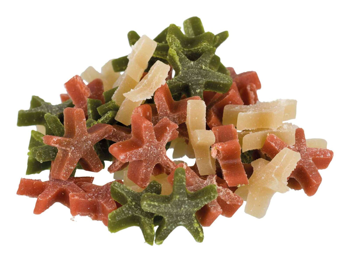 Colorful star-shaped dog treats on a white background