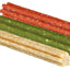 Three colorful dog treat sticks on a white background