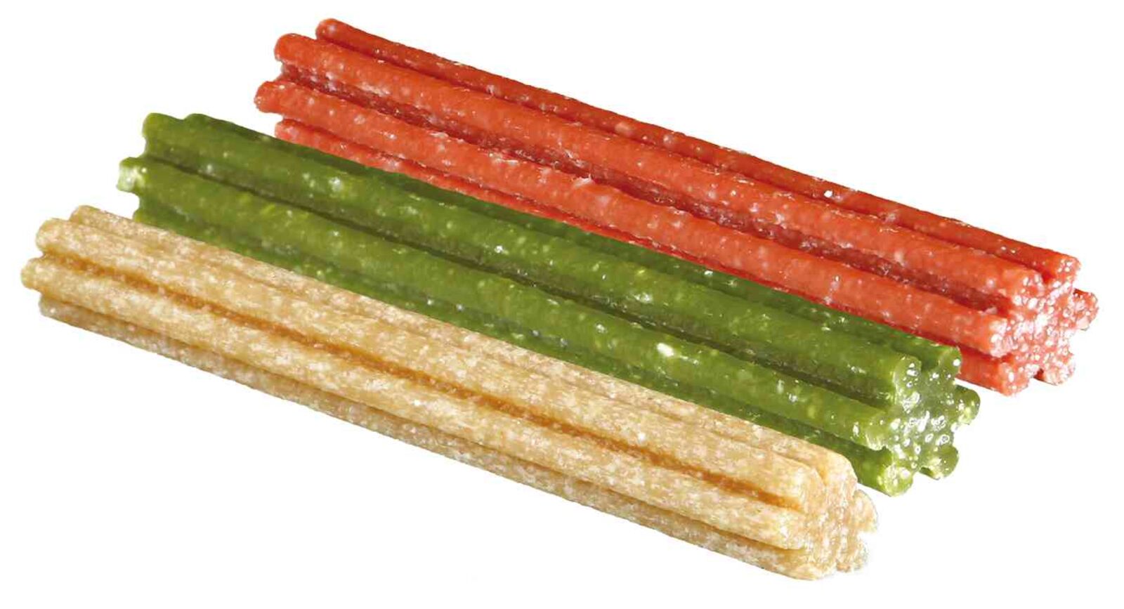 Three colorful dog treat sticks on a white background