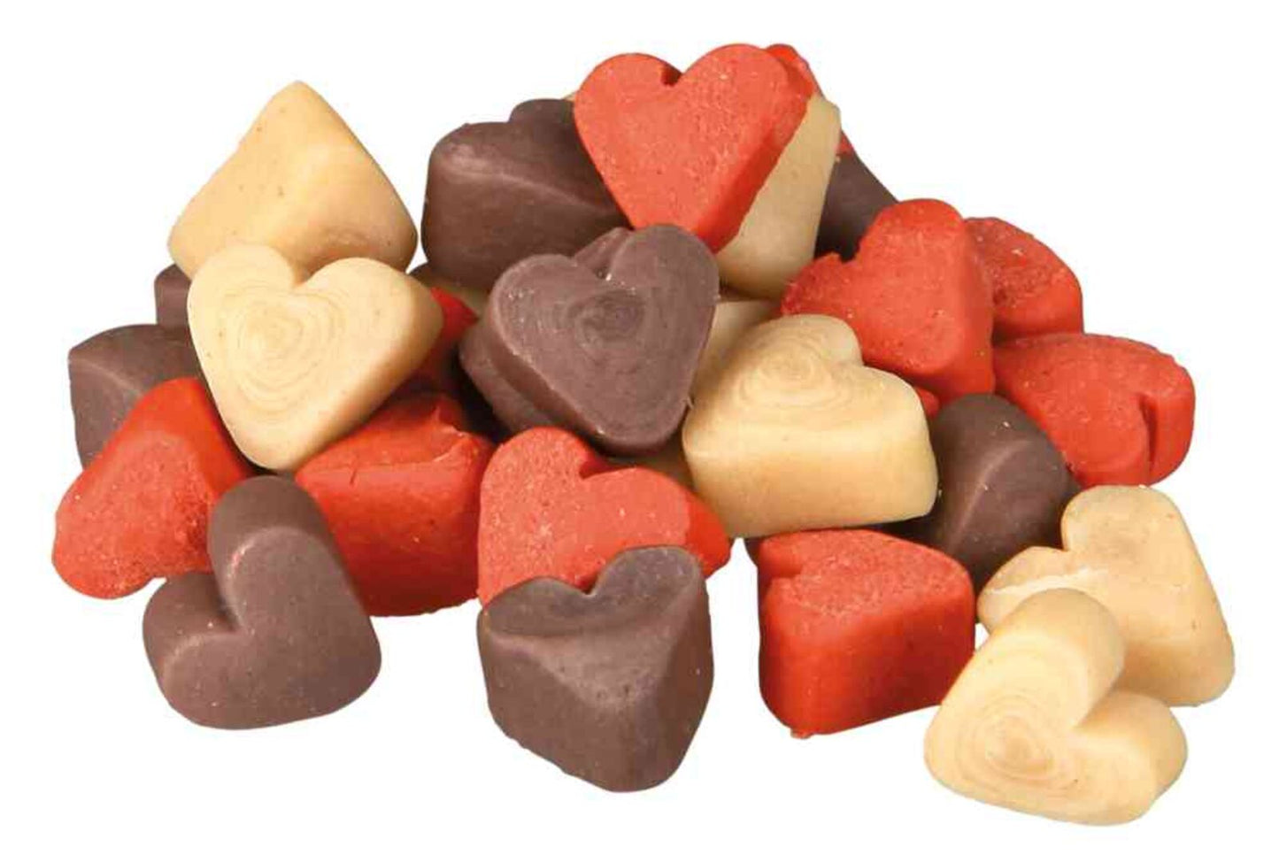 Assorted heart-shaped dog treats on a white background