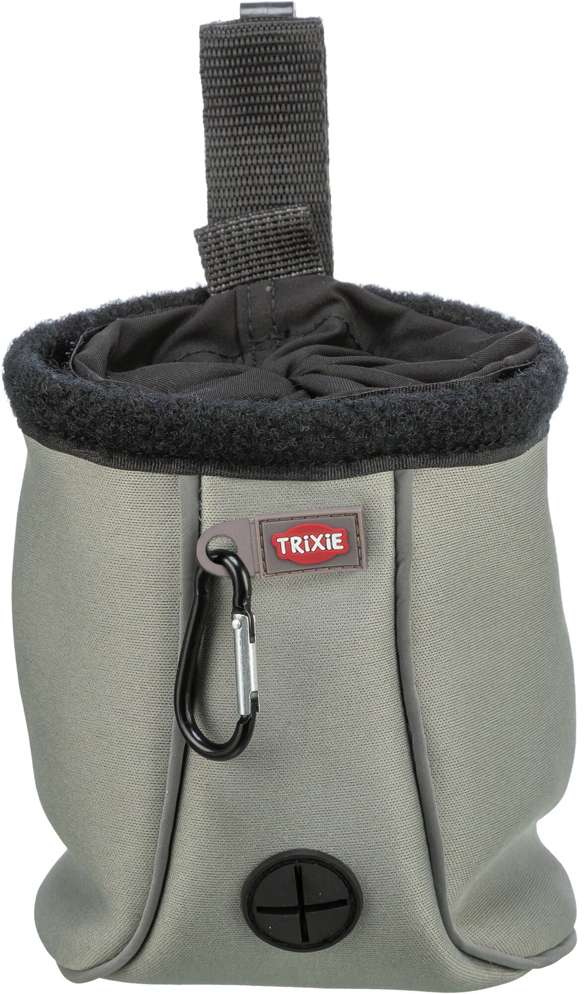 Gray pet training bag with black trim and carabiner, featuring the TRIXIE brand.