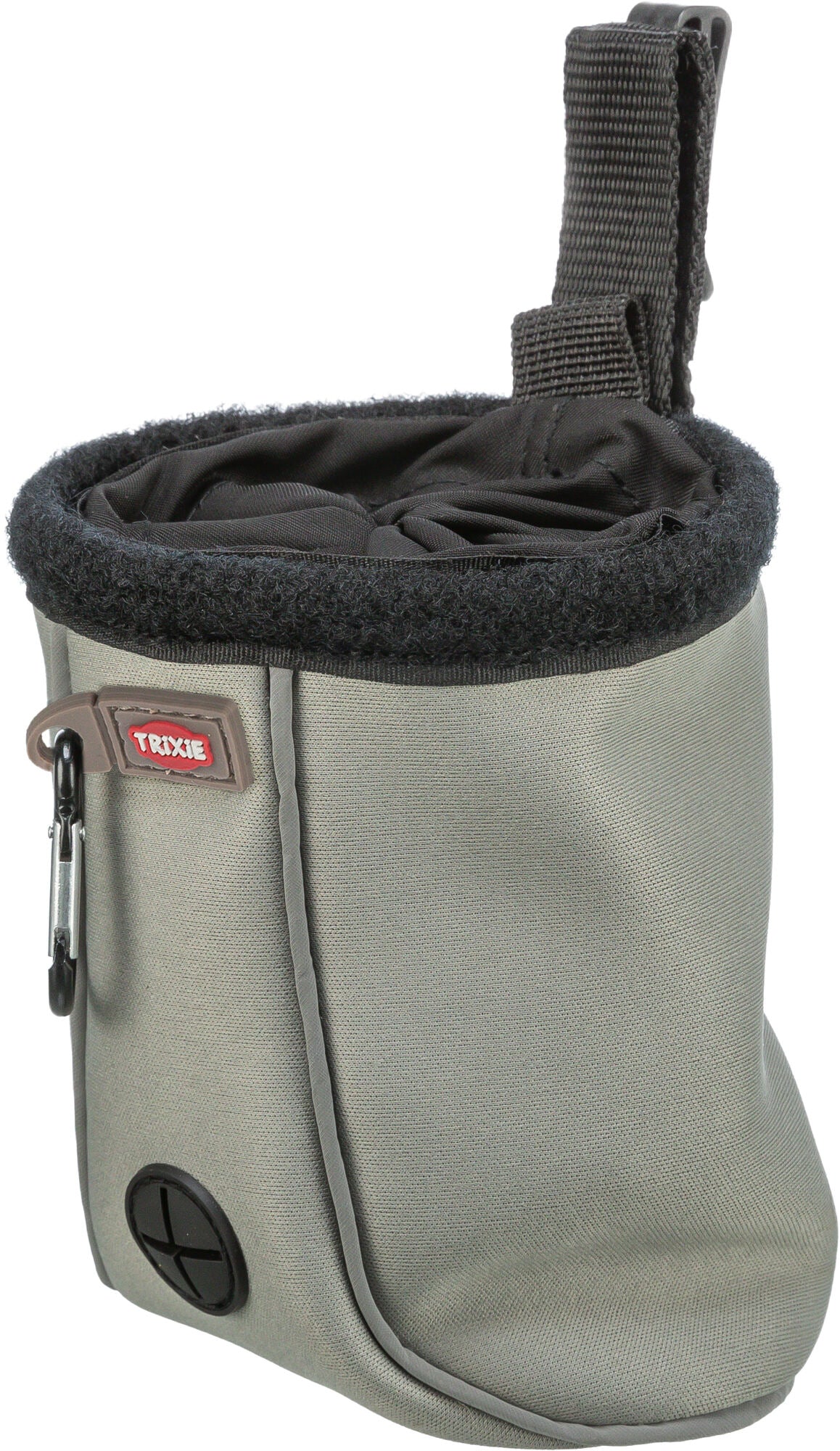 Gray pouch with black interior and Trixie logo on a white background