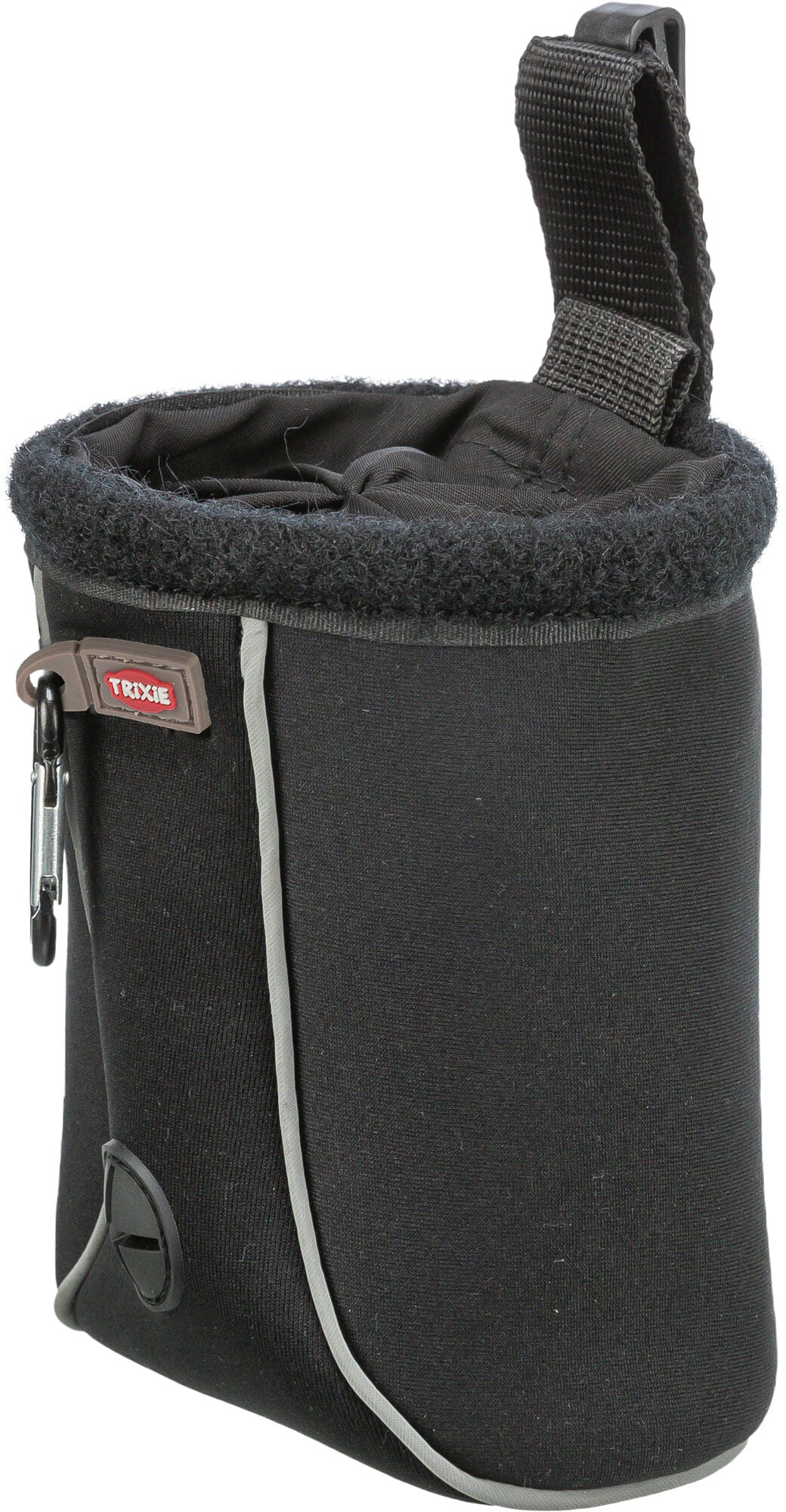 Black dog treat bag with a textured surface and visible brand logo on a white background