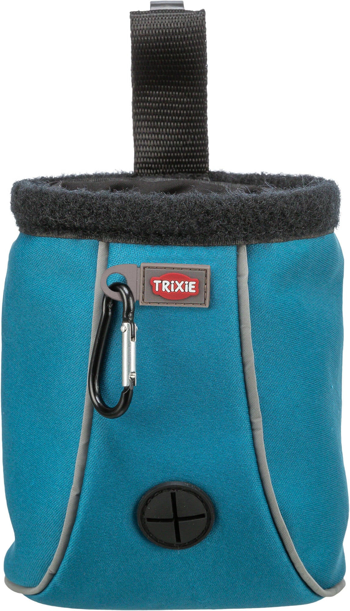Teal pet treat pouch with black strap and carabiner, featuring TRIXIE branding.